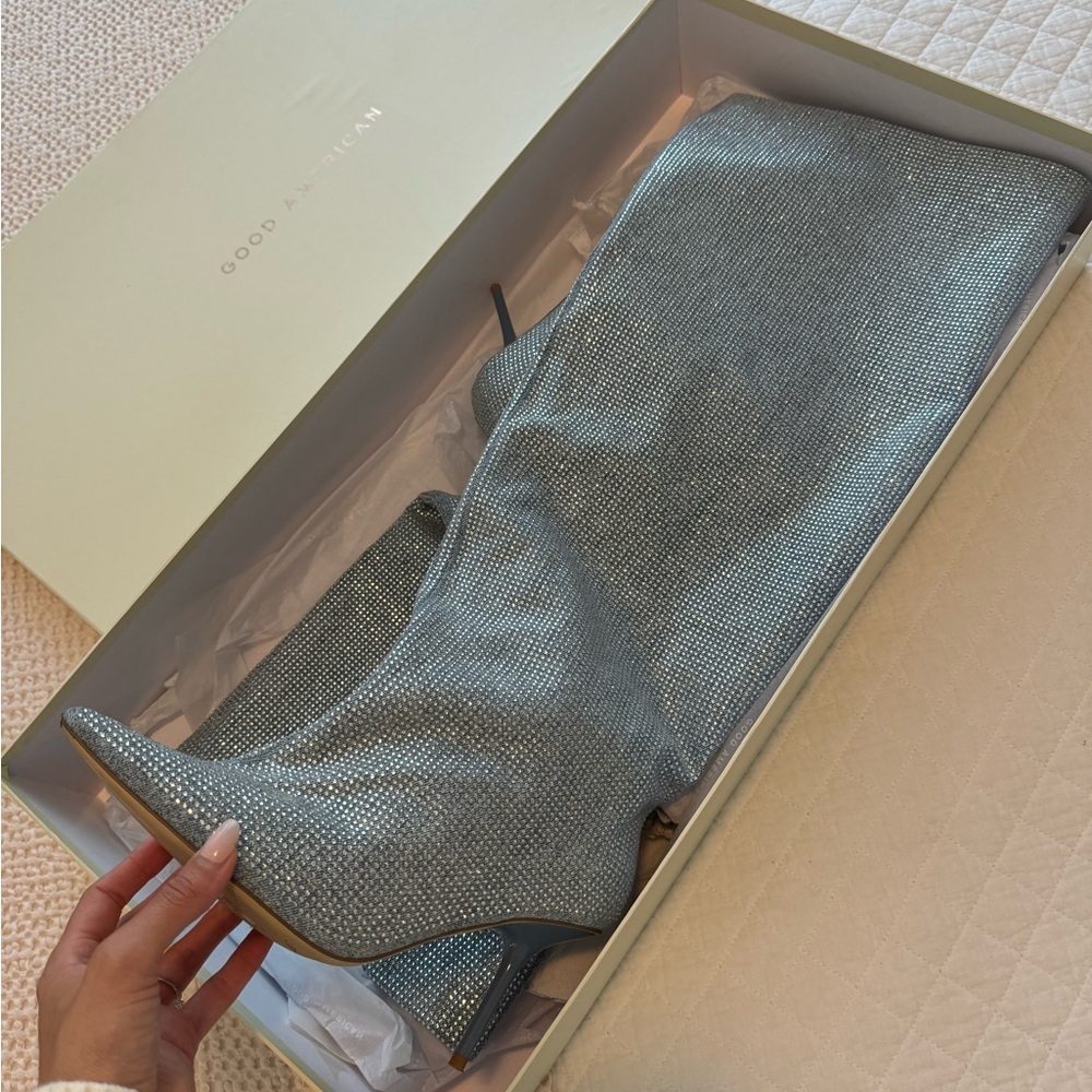 Good American Shimmering baby blue Heeled Boots